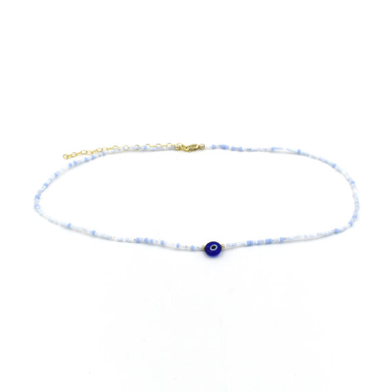 Evil Eye Beaded Necklace in Sky